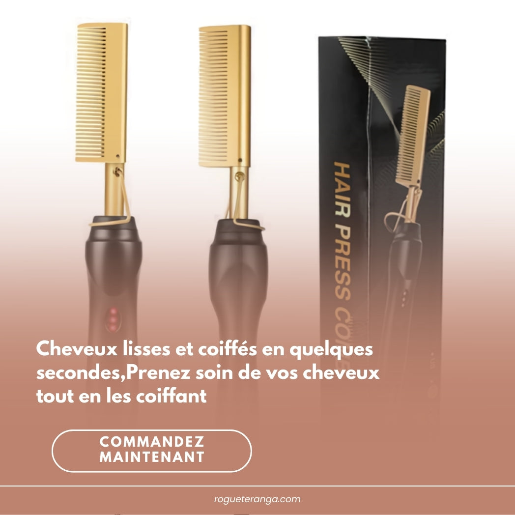 “Peigne chauffant lissant – cheveux soyeux en 5 min