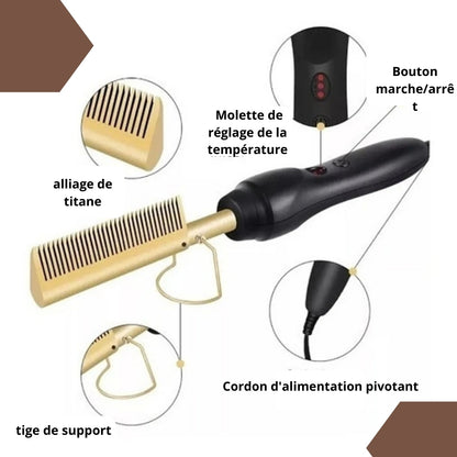 “Peigne chauffant lissant – cheveux soyeux en 5 min