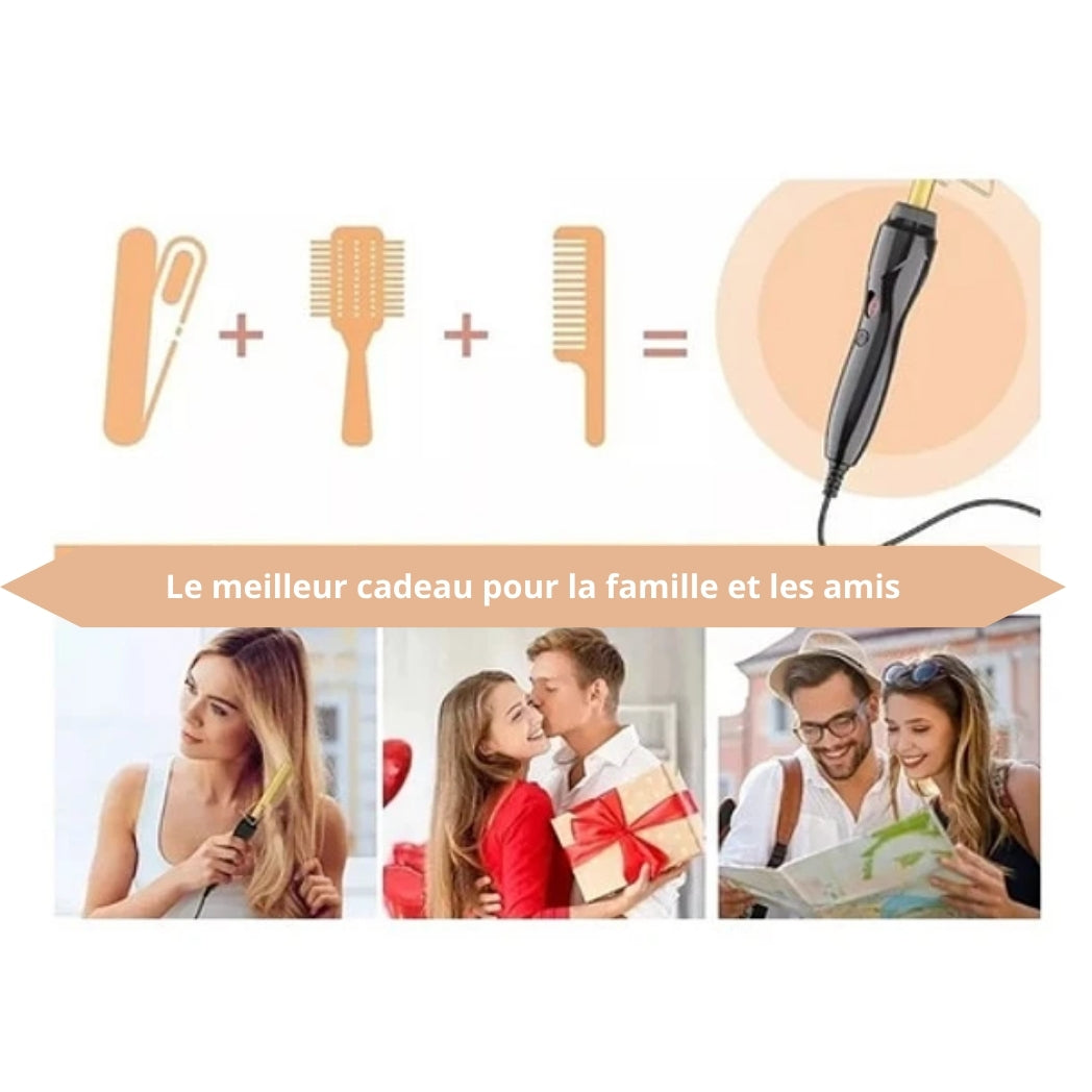 “Peigne chauffant lissant – cheveux soyeux en 5 min