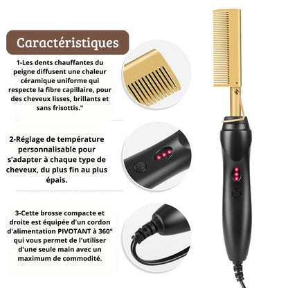 “Peigne chauffant lissant – cheveux soyeux en 5 min